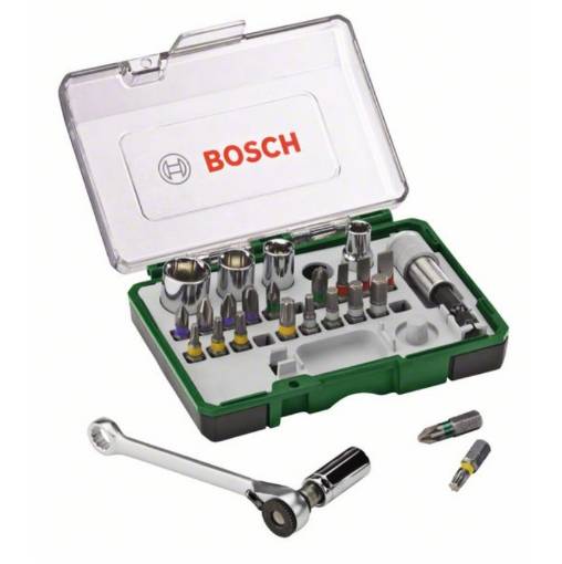 27-piece colour-coded screw bit and ratchet set