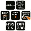 HSS-TiN metal drill bit, 6.0 mm
