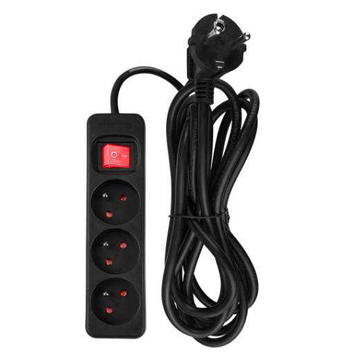 Strip extension cord 3 m, 3 x 1.5 mm2, 3G, black, ON/OFF