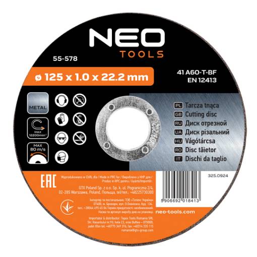 Metal cutting discs 125 x 1.0 x 22.2 mm, 41 A60-T-BF, 10 pieces film