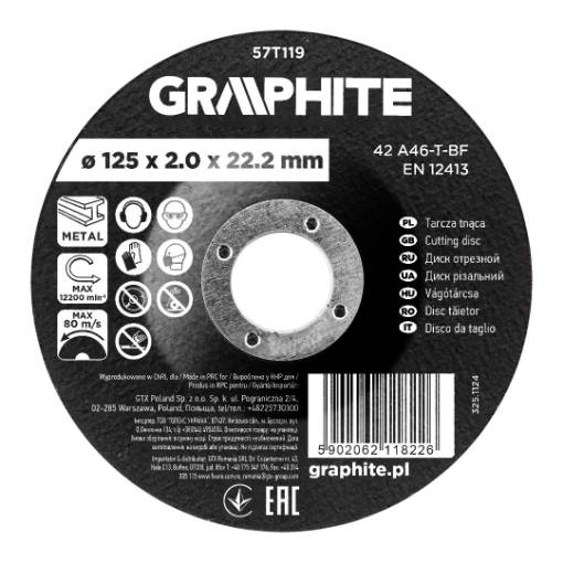 Cutting disc, corundum for metal, convex 125 x 2.0 x 22.2 mm, 42 A46-T-BF