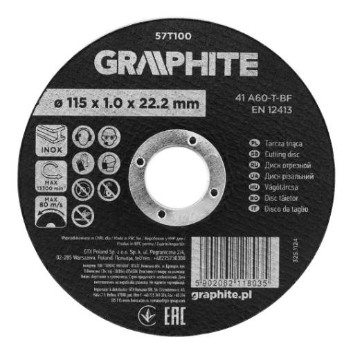 Cutting wheel, aluminium oxide for metal/INOX 115 x 1.0 x 22.2 mm, 41 A60-T-BF