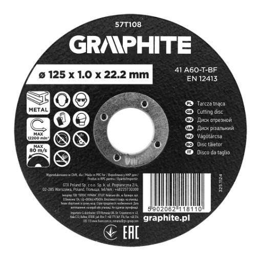 Cutting disc, aluminium oxide for metal 125 x 1.0 x 22.2 mm, 41 A60-T-BF