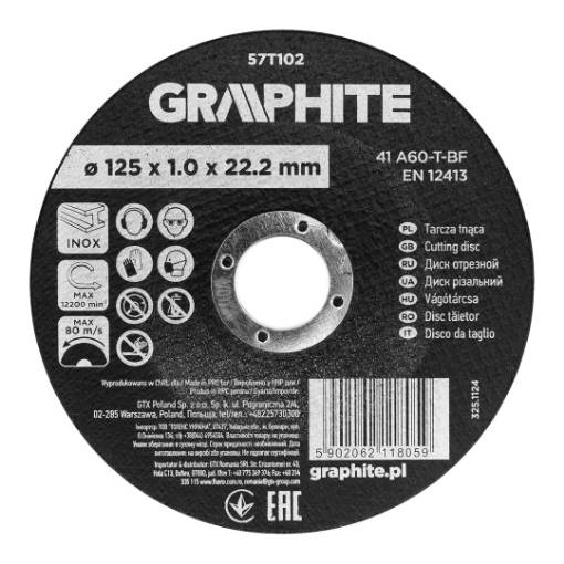 Cutting wheel, aluminium oxide for metal/INOX 125 x 1.0 x 22.2 mm, 41 A60-T-BF