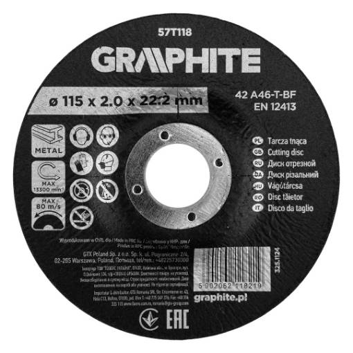Cutting wheel, corundum for metal, convex 115 x 2.0 x 22.2 mm, 42 A46-T-BF