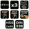 HSS-Co metal drill bits 2.2 mm, 3 pcs.