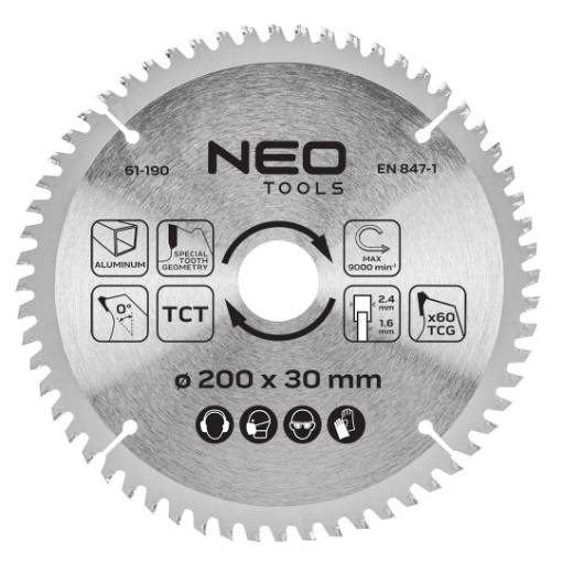Saw blade, widia, 200 x 30 mm, 60 teeth, for aluminium