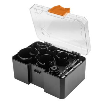 Steel holesaws with carbide blade (20, 25, 32, 38, 51, 64 mm), 11-piece set.