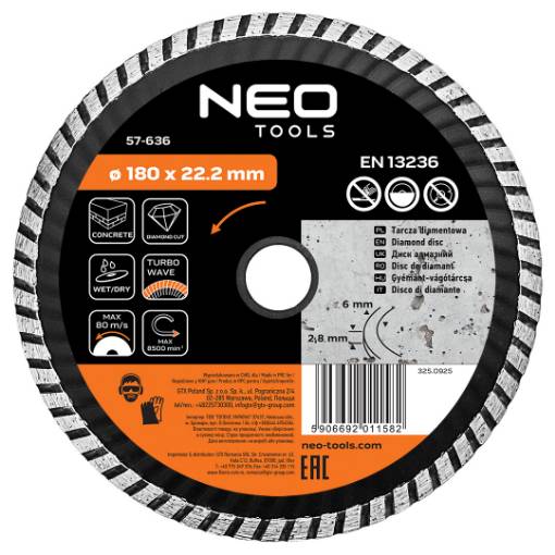 Diamond blade 180 x 22.2 mm, turbo wave