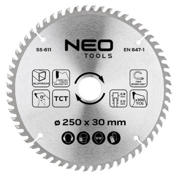 Saw blade, widia, 250 x 30 mm, 100 teeth, for aluminium