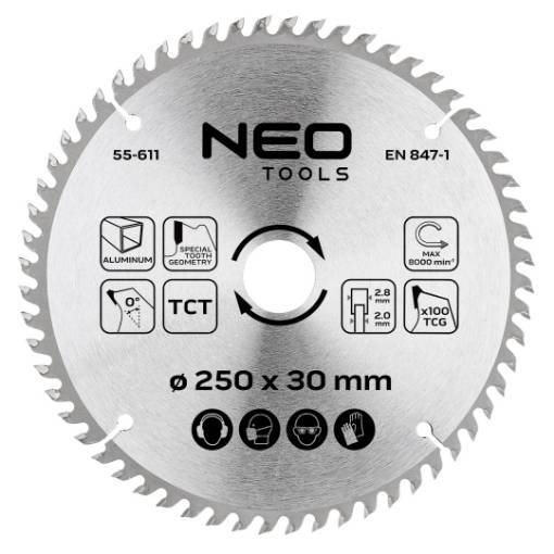 Saw blade, widia, 250 x 30 mm, 100 teeth, for aluminium
