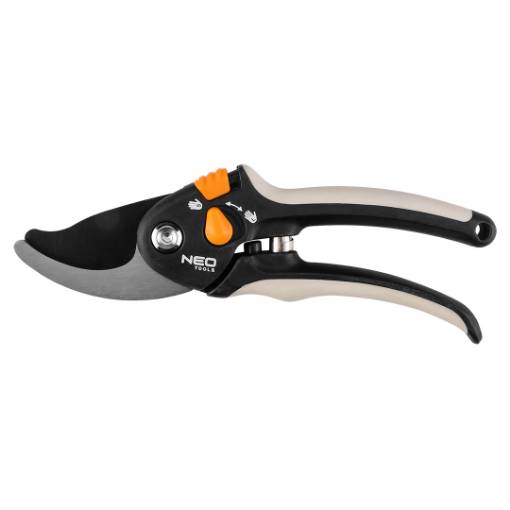 By-pass secateurs 200 mm, range up to 18 mm, adjustable spacing.
