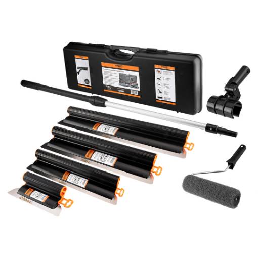 Plastering spatula set, telescopic stick, adapter, smoothing roller, packed in case