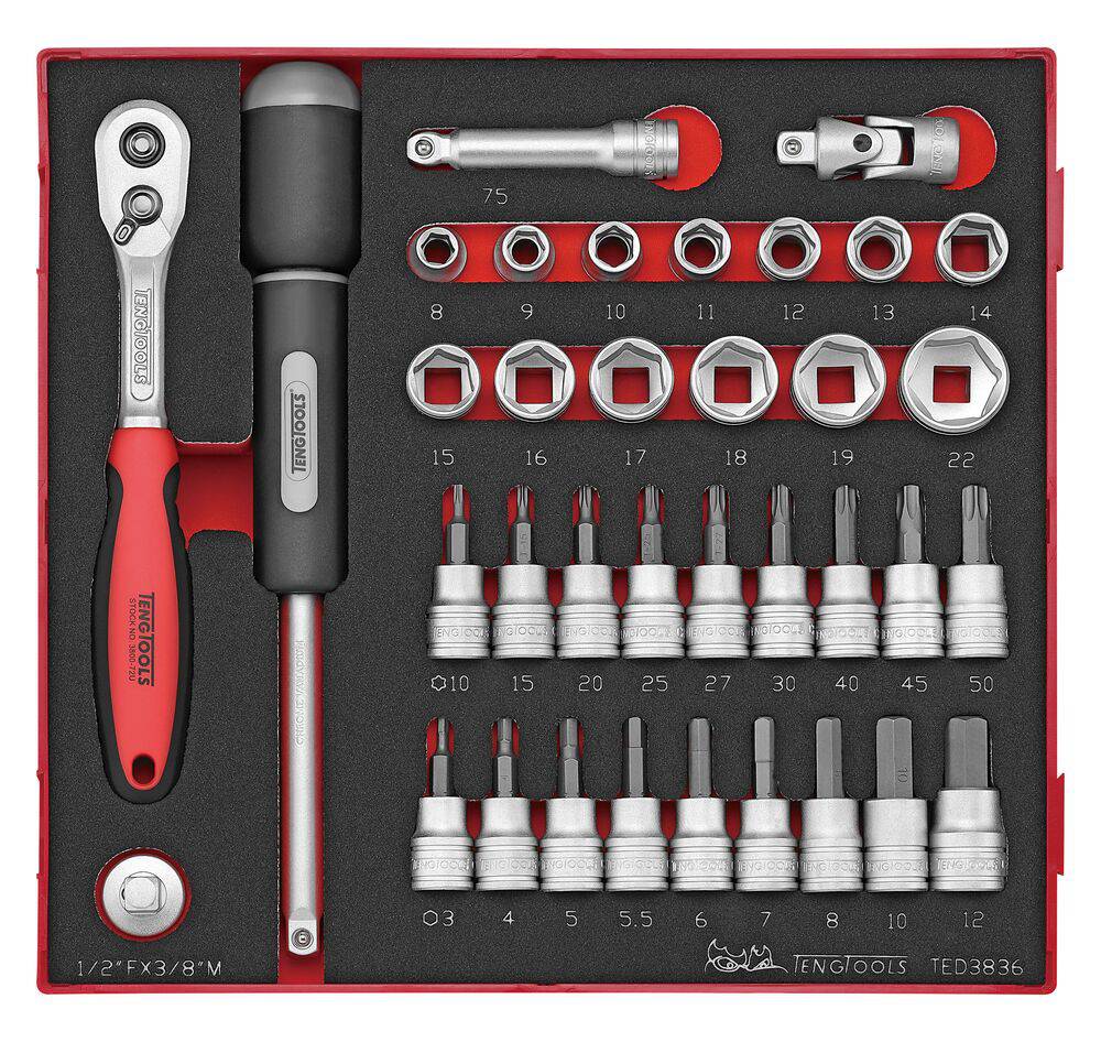 36osaline padrunvõtmekomplekt 3/8″ nelikantkinnitusega. Teng Tools TED3836