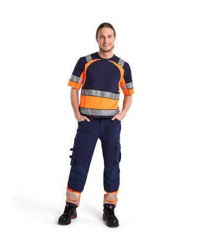 Blaklader Hi-Vis 4-way-stretch trousers without nail pockets Navy blue/orange C64