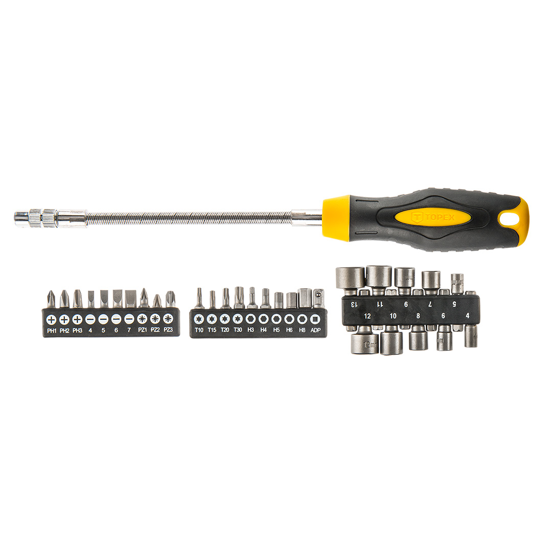 Screwdriver with flexible shank, set 31 screwdriver bits and sockets