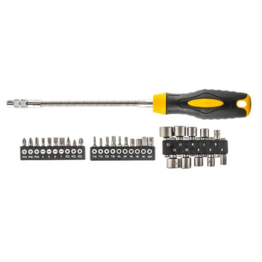 Screwdriver with flexible shank, set 31 screwdriver bits and sockets
