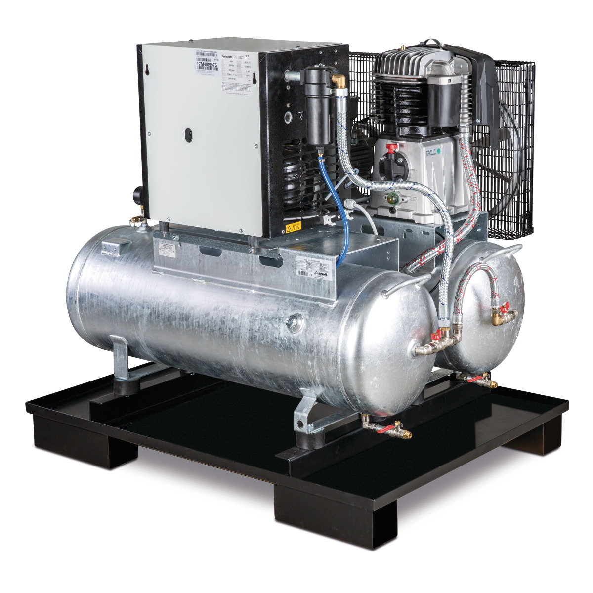 Stationary piston compressor with 2x 100 liter compressed air tanks and refrigeration dryer AIRPROFI DUO 853 / 2x100 / 10K