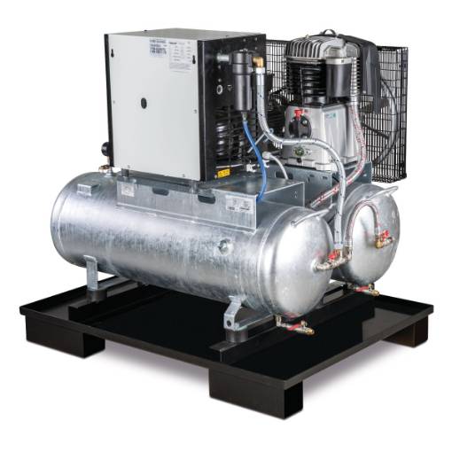 Stationary piston compressor with 2x 100 liter compressed air tanks and refrigeration dryer AIRPROFI DUO 853 / 2x100 / 10K