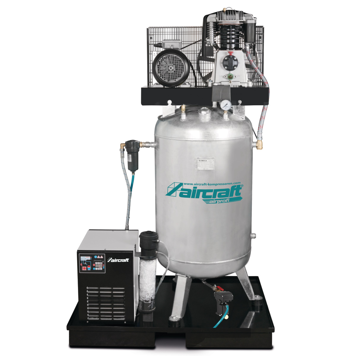 Stationary piston compressor with refrigerant dryer, fine filter, condensate conditioner for oil-water separation and automatic steam trap AIRPROFI 703/270/10 VKK