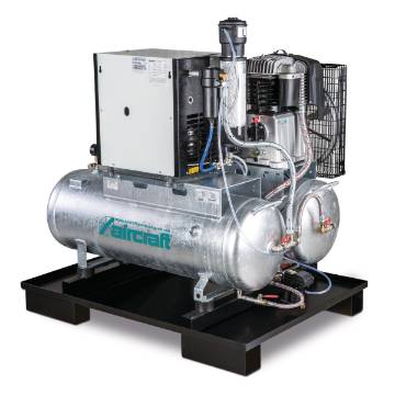 Stationary piston compressor with 2x 100 liter compressed air tanks, refrigerant dryer, fine filter, steam trap and conditioner AIRPROFI DUO 853 / 2x100 / 10KK