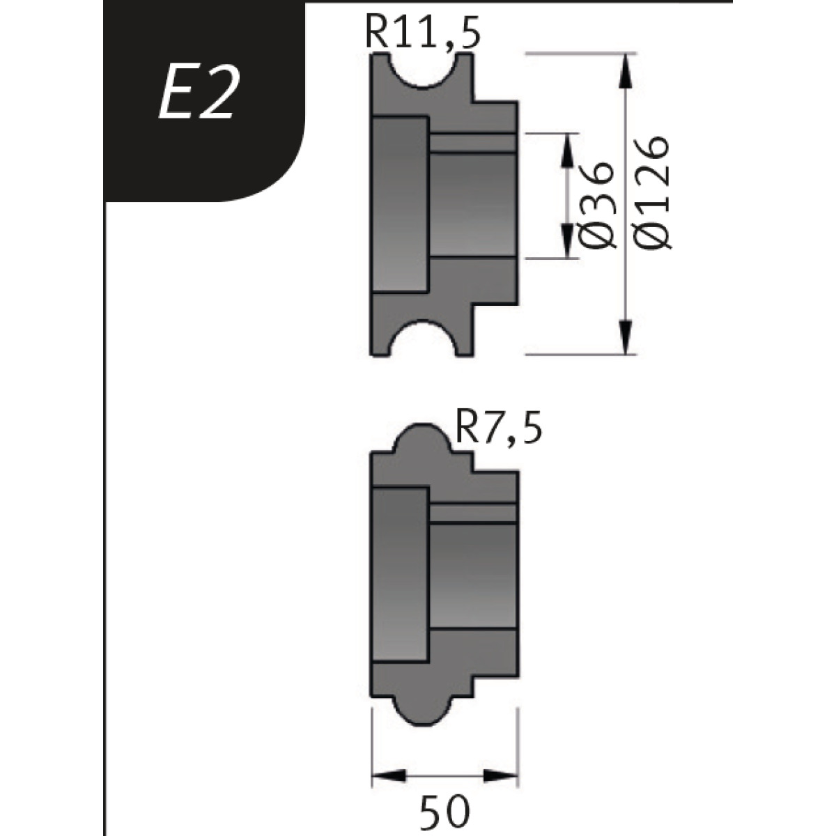Bending rollers  Typ E2, Ø 126 x 36 x 50 mm, R 11.5 / 7.5 mm