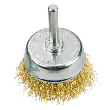 Cup brush 75mm with shaft, brass plated steel wire crimped